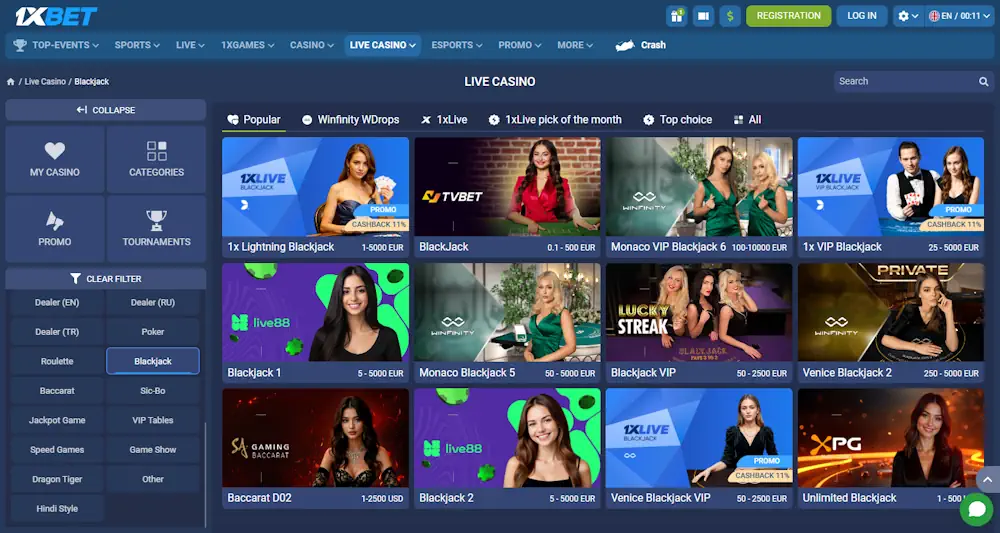 1xBet Blackjack Games Screenshot